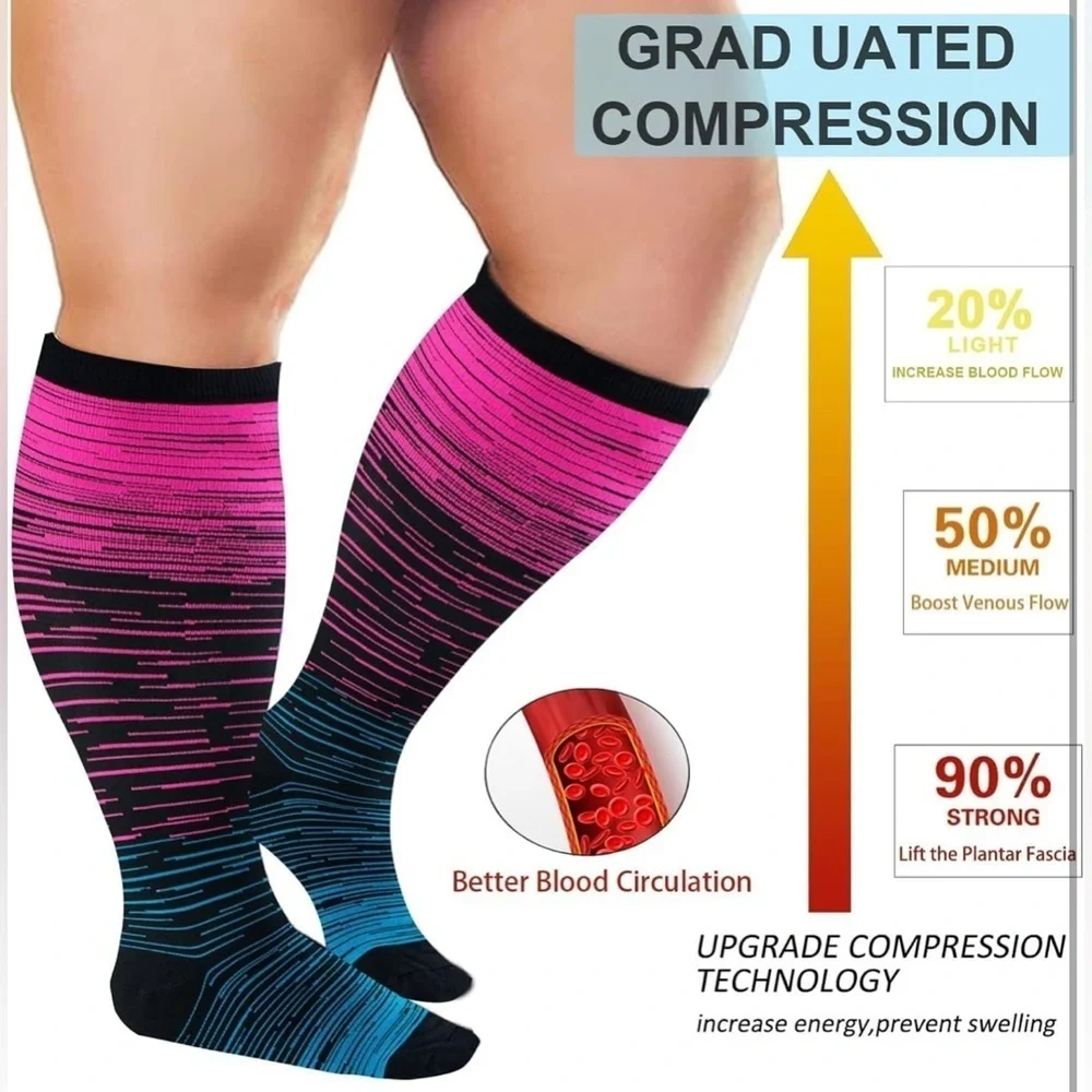 PLUS Size, Ombre Striped Compression Socks, Colorful, Abstract, Travel (1 Pair)